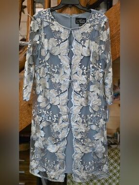 NWT! Alex Evening, Silver Embroidered Floral Sheath Dress